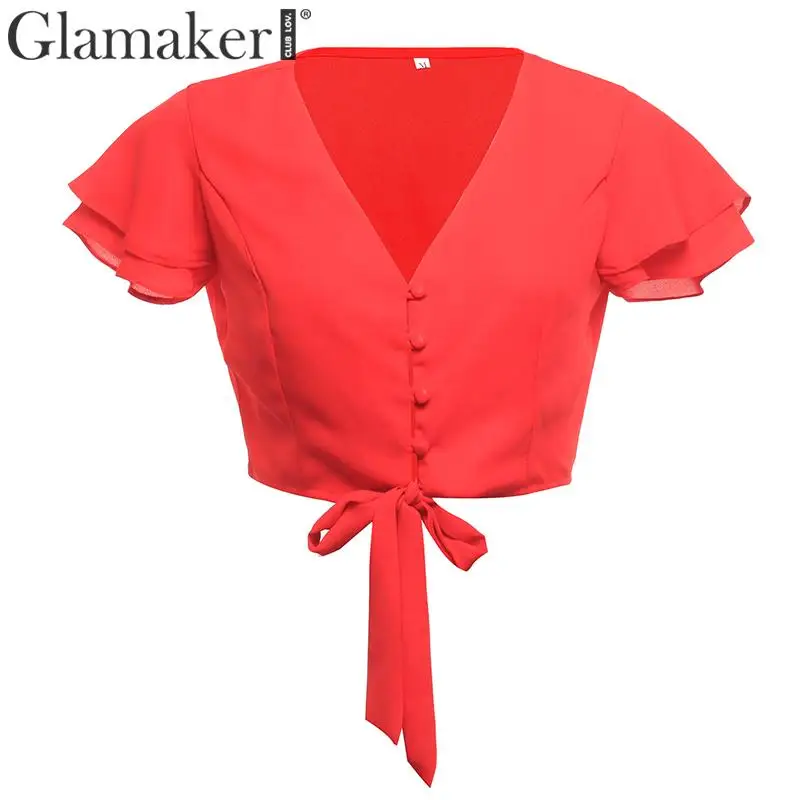 Glamaker, шифон, v-образный вырез, желтый, с оборками, сексуальный топ, для женщин, короткий рукав, пуговицы, летние, Короткие топы, рубашка, для отдыха, пляжа, элегантный белый топ - Цвет: Красный