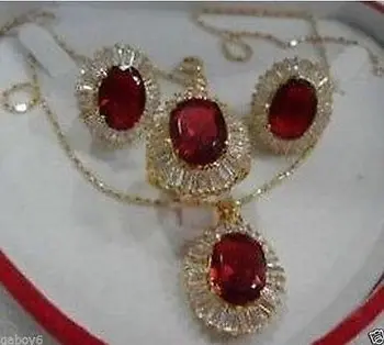 

Exquisite Red Crystal NecklacePendant Earring Ring Jewellery Sets AAA GP Plated gold Bridal wide watch wings queen JEWE