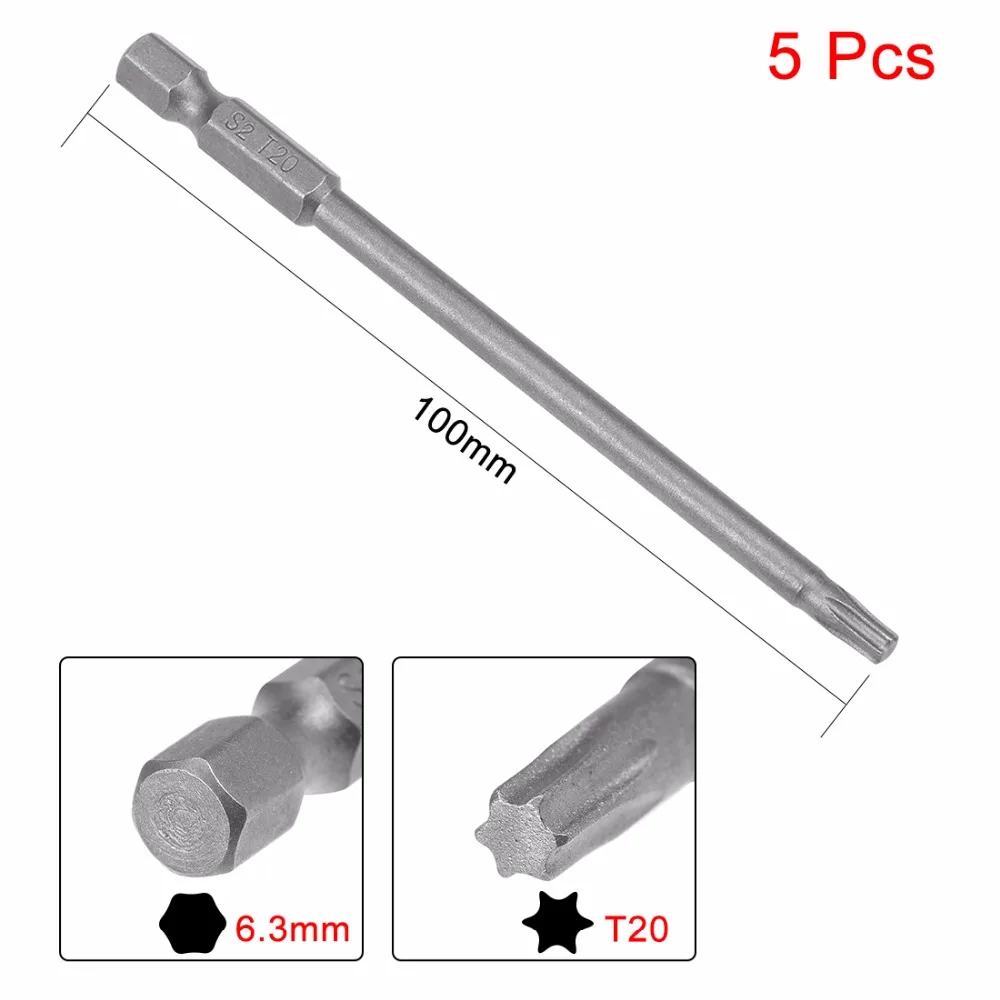 UXCEL 5 шт. 100 мм длиной 1/" шестигранный хвостовик T20 магнитная головка отвертки Torx биты S2High легированная сталь для замены крестовой отвертки