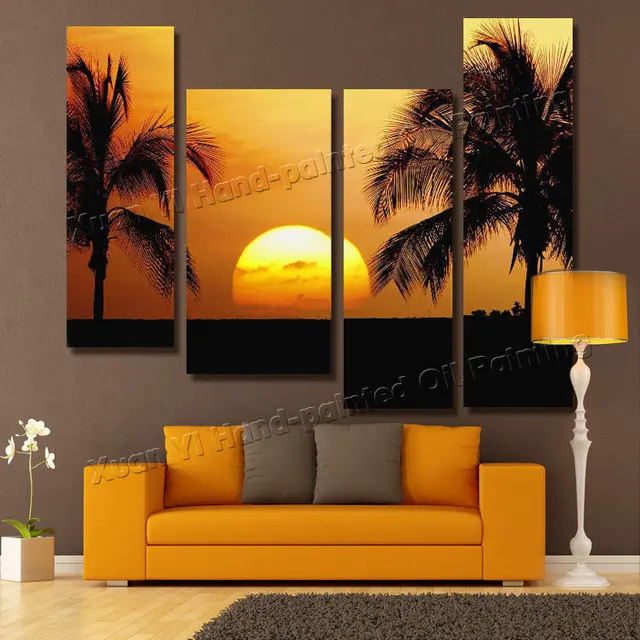 4 Panel Modern Hand Painted Seascape Sunset Canvas