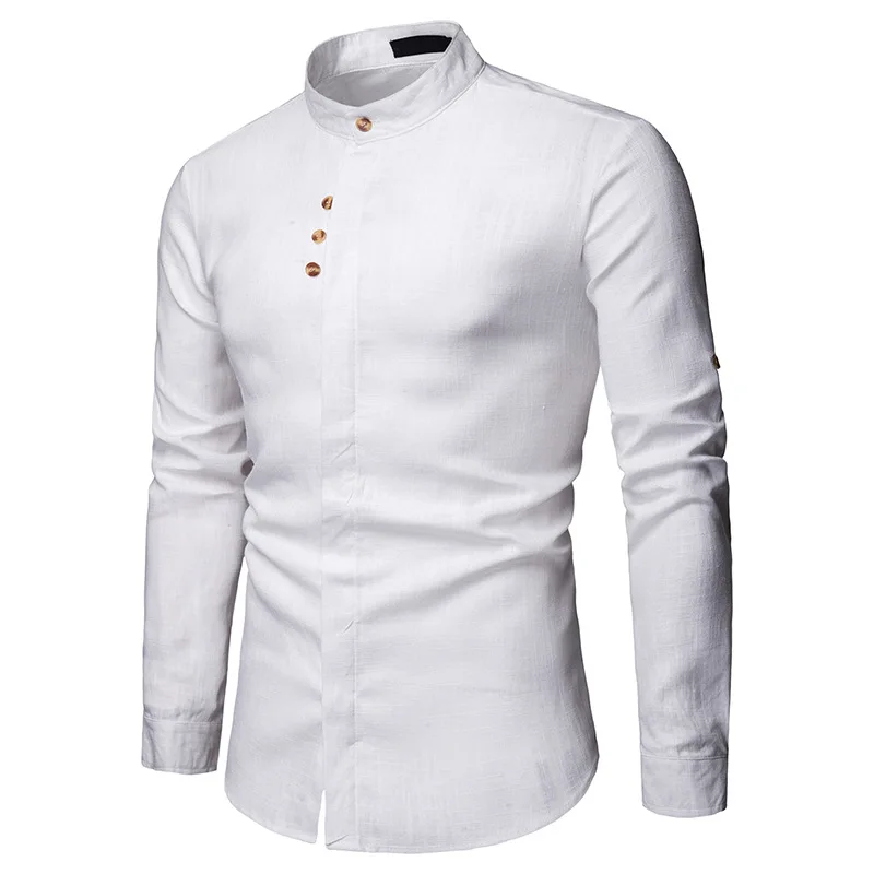 

Men's Comfortable Long-sleeve Linen Loose Shirts Casual Mens Solid Color Standing Collar Bottoming Shirts for Male 2019 Spring