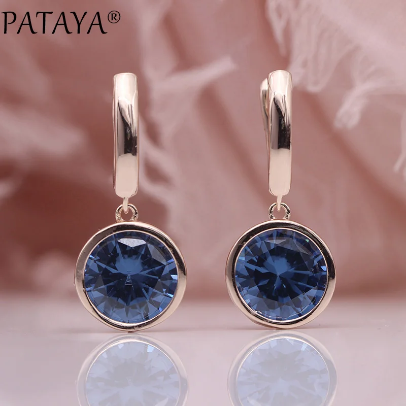 

PATAYA New Round Multicolor Natural Zircon Dangle Earrings Women Fashion Simple Jewelry 585 Rose Gold Gradient Blue Earrings