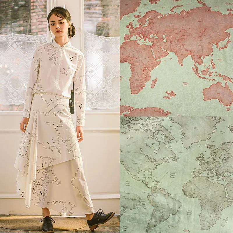 

Small and pure and fresh powder beige with world map ultra-thin pure linen fabric cloth summer shirt pants suit