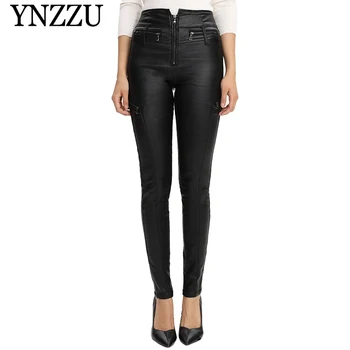 

YNZZU 2019 Autumn Winter Black High waist Pencil Pants Women Fashion Plus size Faux Leather Trousers Casual Zipper PU Pants B366