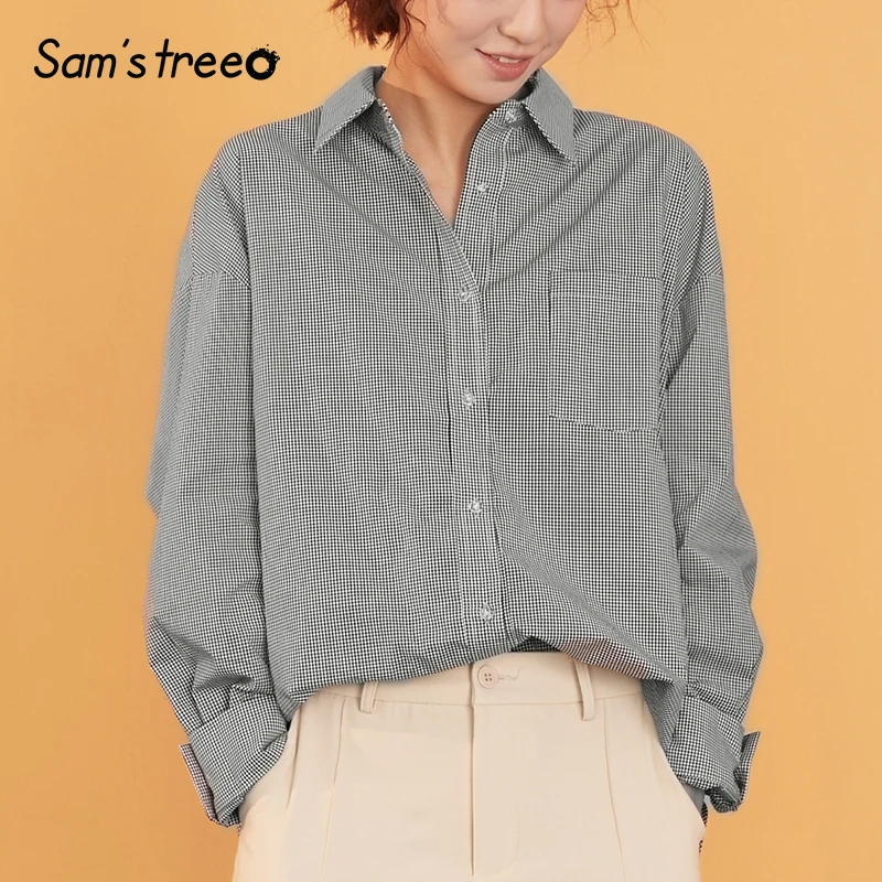 

SAM'S TREE Plaid Button Front Brit Graphics Women Blouses 2019 Autumn Long Sleeve Pocket High Low British Female Tops