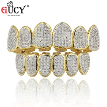 

GUCY New Fit Bling Micro Pave Cubic Zircon Teeth Grills Hip Hop Top&Bottom All Iced Out Grills Dental Tooth Caps Jewelry