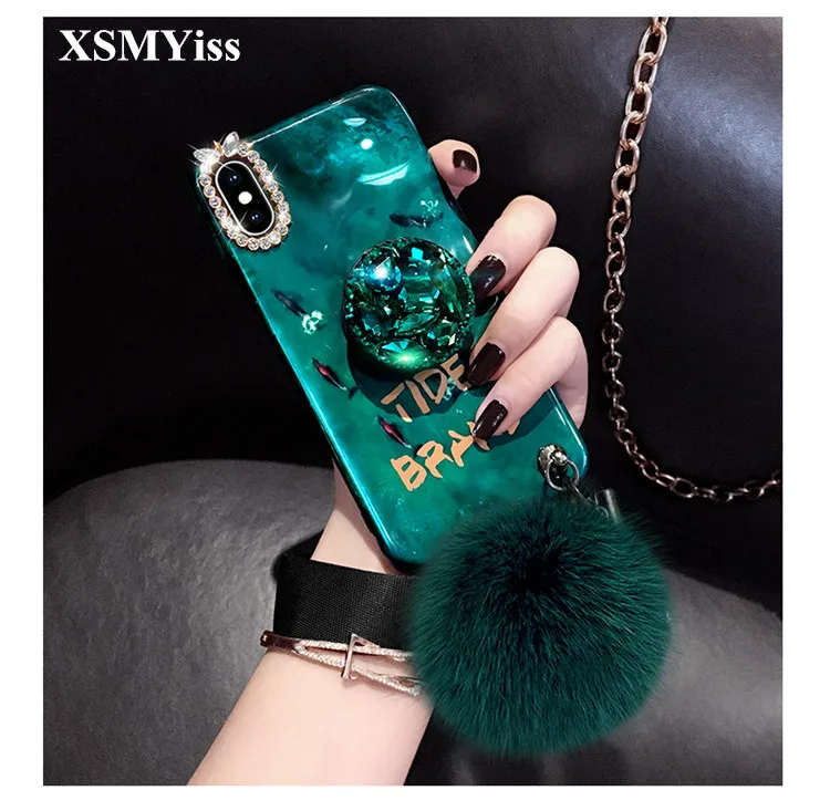 

XSMYiss Luxury Rhinestone Airbag Bracket Phone Case For iPhone 6 7 8 Plus X XS MAX XR Cute Fur Ball Soft Protective Phone Cover