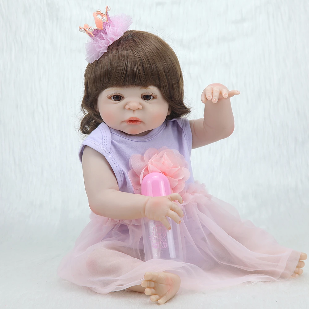 

22inch Handmade full silicone Lifelike newborn Baby girl with Lavender princess dress silicone Bonecas Bebe Reborn doll gifts to