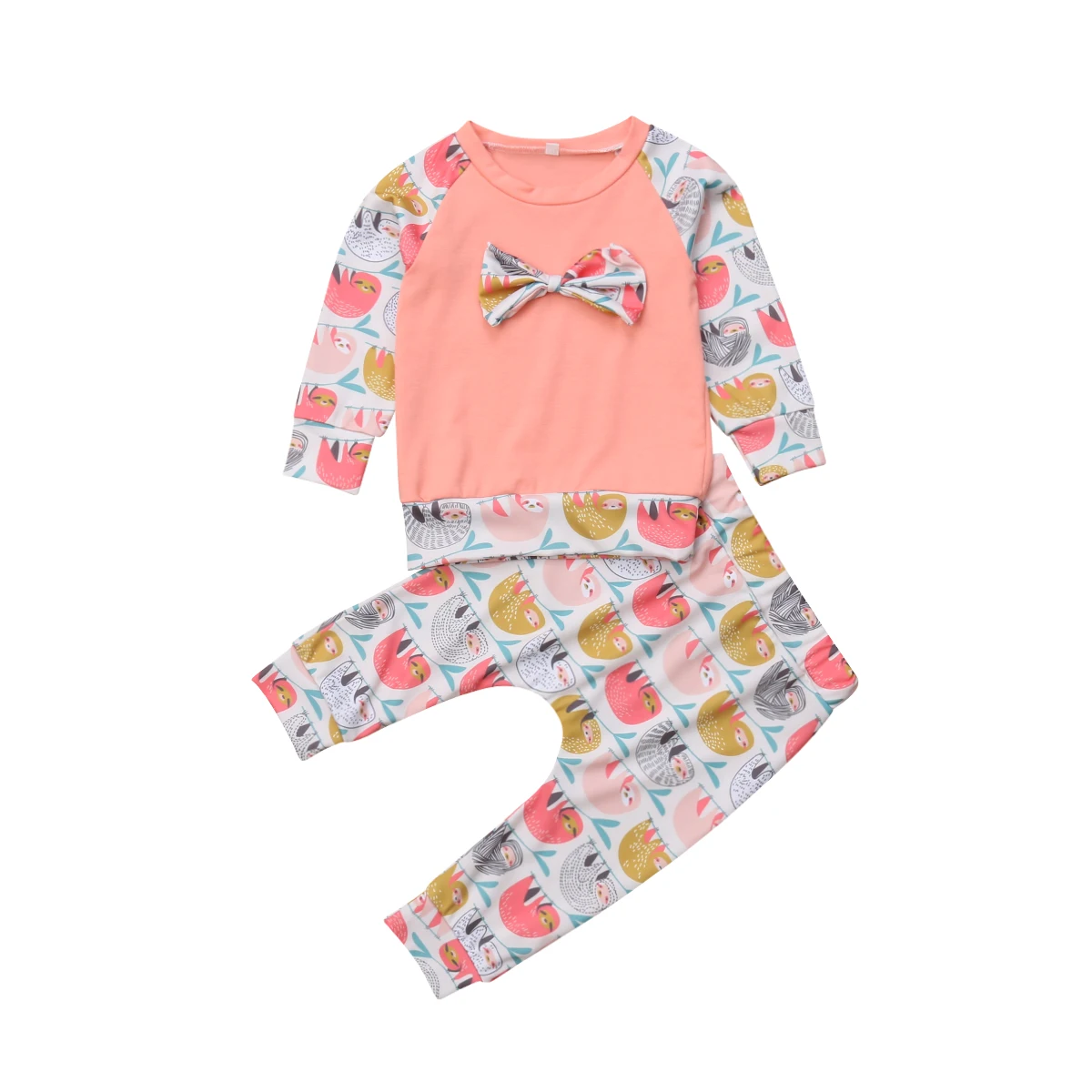 

2Pcs Toddler Baby Girls Cartoon Monkey Print Long Sleeve Tops Bow Tie T-shirt Long Pants Outfits Clothes Set 2019