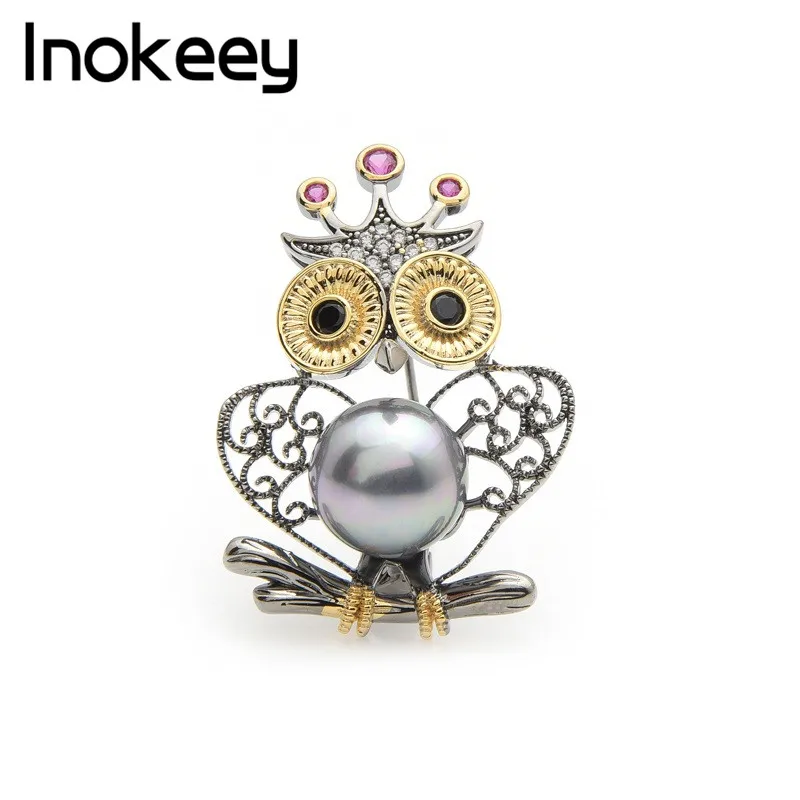 

Inokeey Gray Pearl Crown Owl Hollow Wings Brooch Elegant Brand Brooch Pins For Women