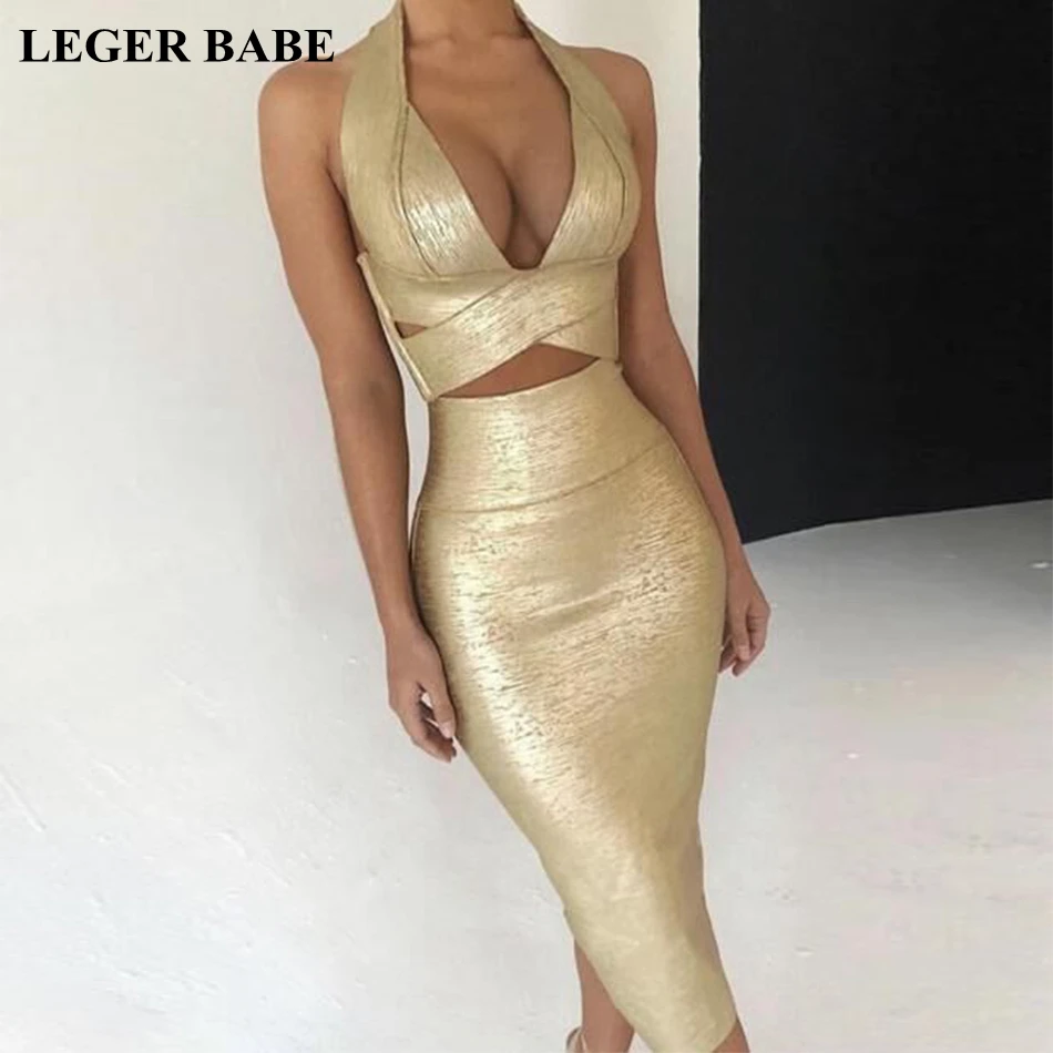 Женское Бандажное платье LEGER BABE вечернее без рукавов с принтом в виде фольги