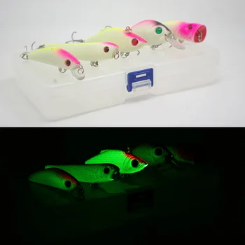 

Night Fishing Lure Kit Glow In Dark GID Luminous Rose Red Crank Minnow Pencil Popper VIB Bait Artificial Hard Lures Baits Set