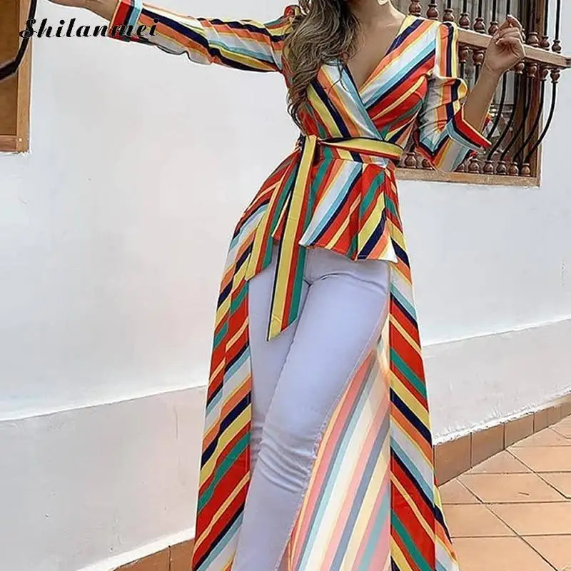 

2019 New Design Multi-Color Blouses Women Sexy Deep V Short Front Long Back Irregular Tops Casual Party Wear Stylish Blousas