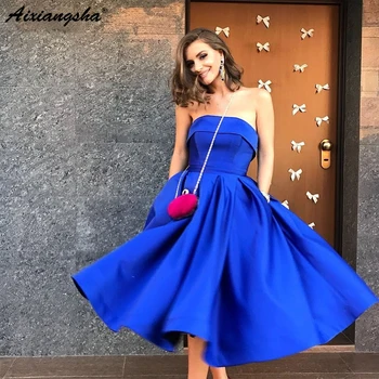 

Elegant Evening Dress 2019 Strapless A-Line Blue Prom Dresses Sleeveless Zipper Back Short Evening Frobe de soiree