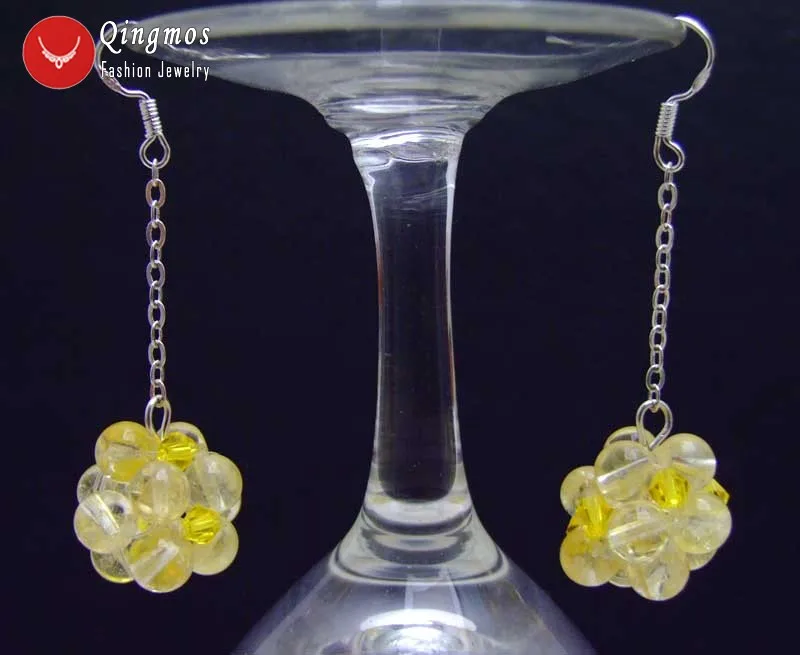 

Qingmos Natural Crystal Earring for Women with 4mm Yellow Crystal Handwork Weaving Round Dangle Ball Earring Jewelry 2'' Ear489