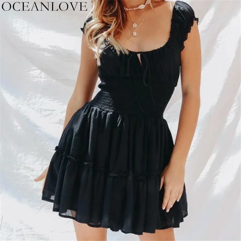 

OCEANLOVE Solid Elastic Waist Women Dress Summer Spring 2019 Lace Up Vestido Sleeveless Pleated Sexy A-line Mini Dress 10788