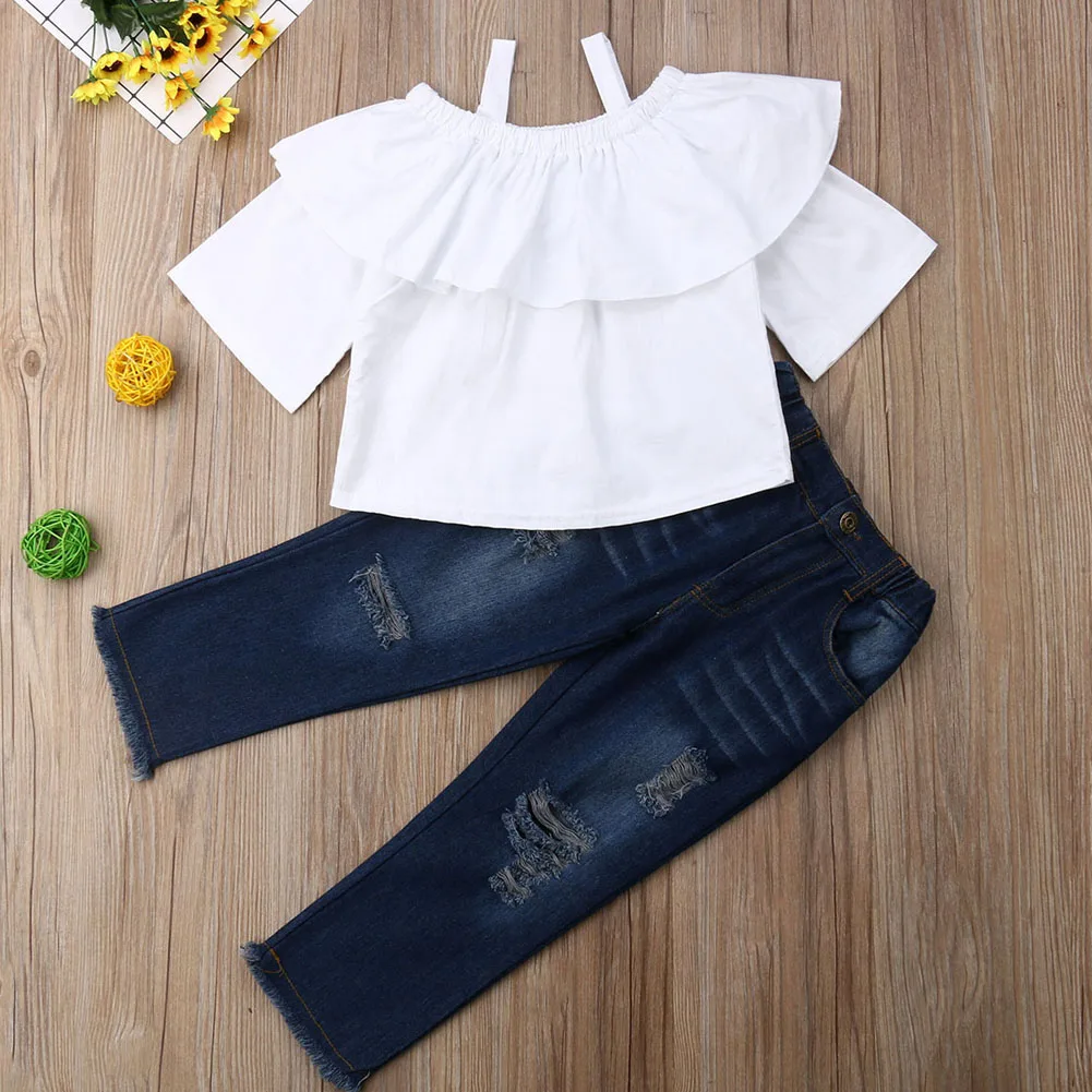 Очаровательная летняя одежда для маленьких девочек, футболка, топ+ джинсовые рваные длинные штаны, комплект