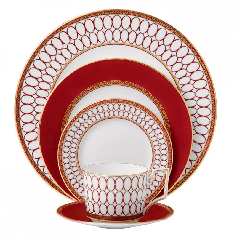 

Ceramics Red Flat Plate Elegant Bone China Platter Porcelain European Style Dinner Dish Cup And Saucer Steak Dished 1Pcs