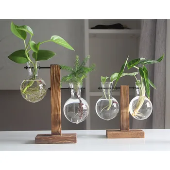

NEW Hydroponic Plant Vases Vintage Flower Pot Transparent Vase Wooden Frame Glass Tabletop Plants Home Bonsai Decor