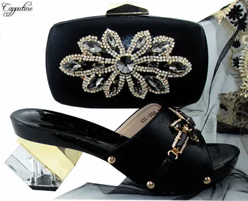 

Latest black with stones slip-on high heel sandal shoes and evening bag set for lady QSL006 heel height 7.5cm