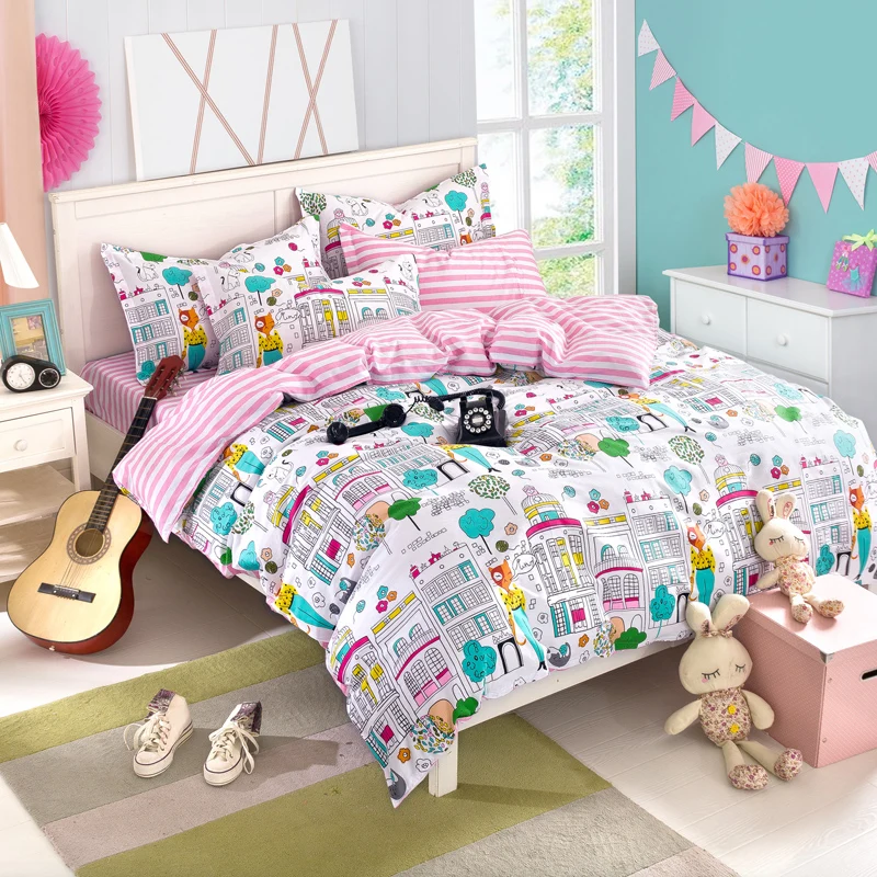 cartoon cotton duvet cover set bedding set 4 pcs duvet cover sheet pillowcases twin full pink
