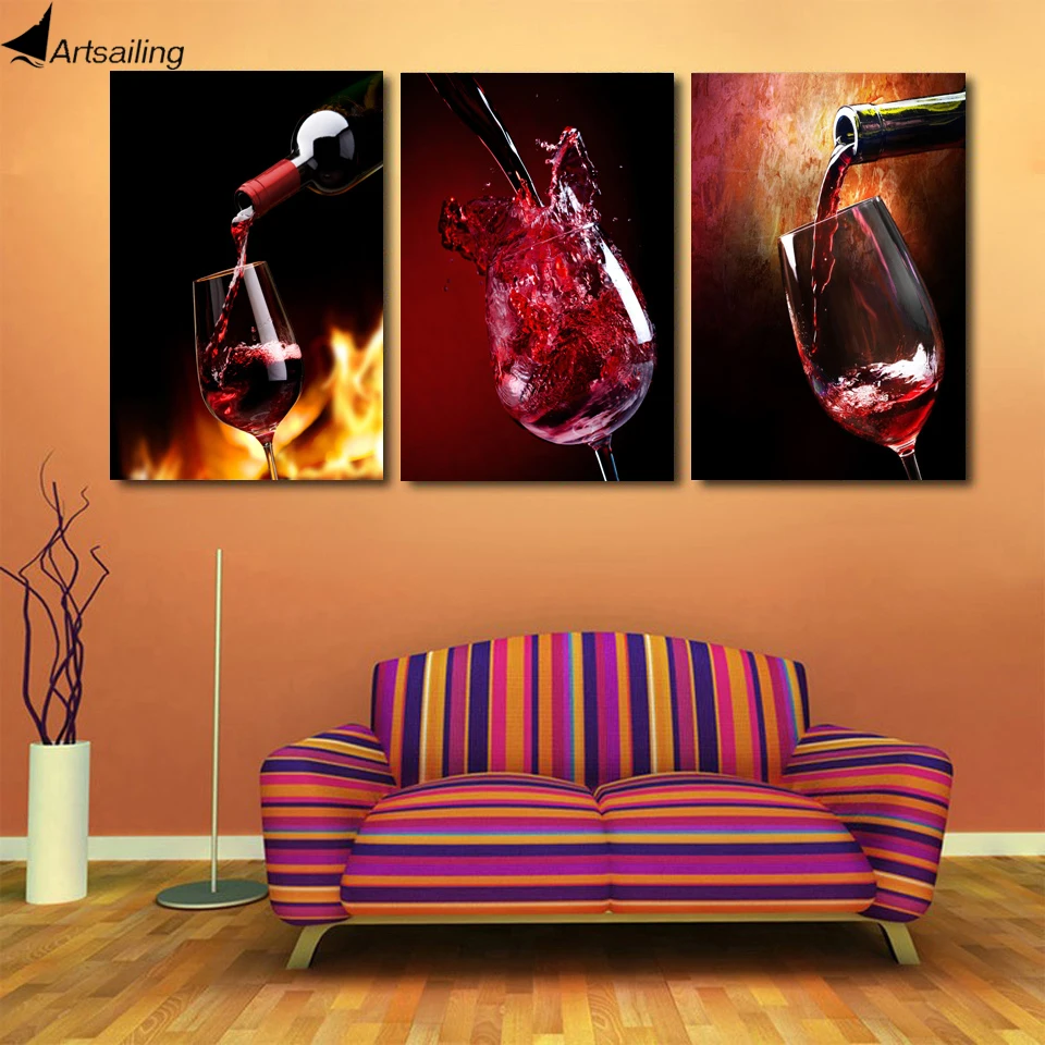 HD Printed 3 piece canvas vineyard vines red wine glass ...