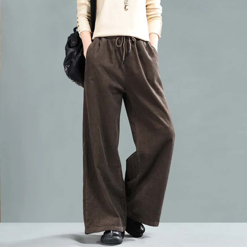 

Spring pants Women Large size Loose Drawstring Trousers New Corduroy Blended Ladies Casual Retro pocket Pants 2019 Mori girl