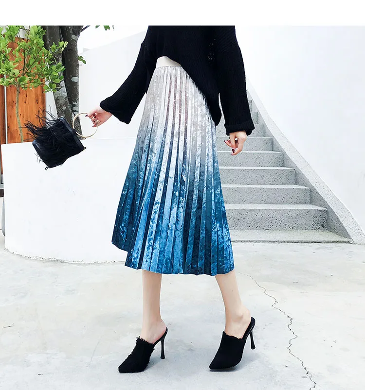 Бархатная плиссированная юбка градиентного цвета Женская осенне-зимняя одежда с высокой талией юбка с большим подолом в английском стиле