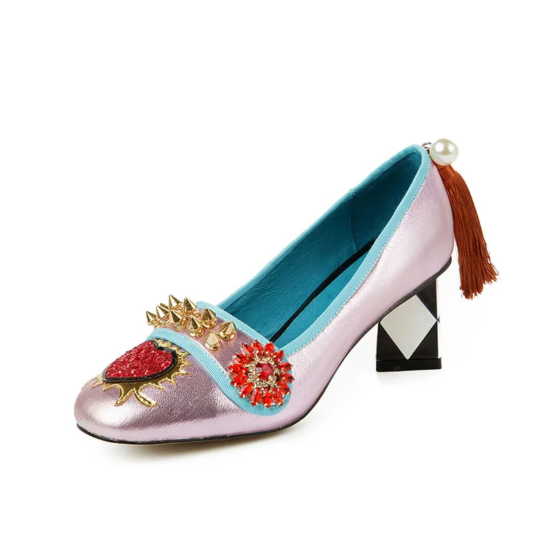 Phoentin/Женская обувь с кисточками из натуральной кожи с заклепками; женские туфли на каблуке 5,5 см и 8 см; туфли-лодочки без застежки с цветком из стразов; женская обувь; FT621 - Цвет: pink 5.5cm heel