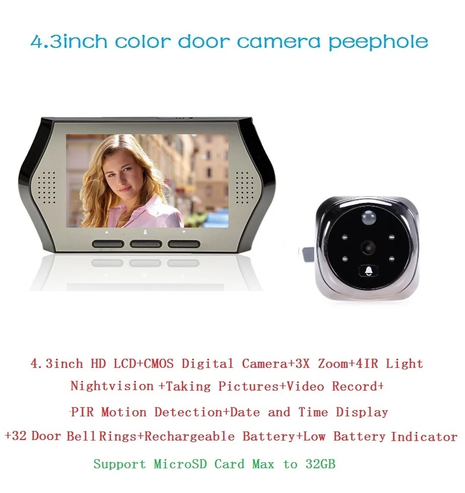 

Hot video-eye peephole PIR motion detection 4.3 inch LCD 0.3 Megapixels camera IR night vision 32 Rings video peephole Max 32G