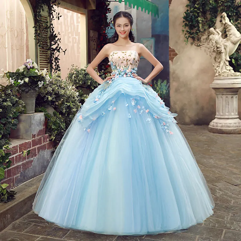 

Junoesque Sky Blue Sleeveless Strapless Singer Performance Dresses Appliques Masquerade Dresses