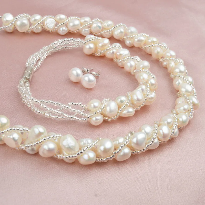 ASHIQI набор ювелирных изделий из натурального пресноводного жемчуга и больше, ручная вязка, ожерелье, браслет, 925 серебряные серьги для женщин NE+ BR+ EA - Цвет камня: A-White