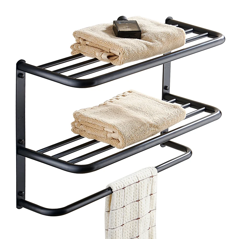

Modern black retro 304 stainless steel paint three layer towel rack wall mounted multi-function towel holder bathroom products