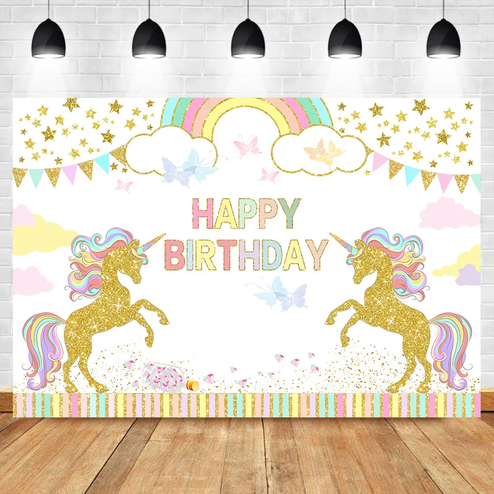 

NeoBack Rainbow Unicorn Photography Backdrop Glitter Star Baby Kids Birthday Party Dessert Table Decorations Photo Background