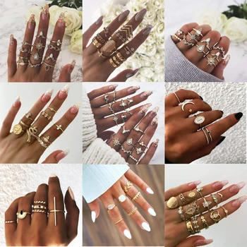 

Cuteeco 18 Design Vintage Gold Star Moon Rings Set For Women Bohi Opal Crystal Midi Finger Ring 2019 Female Bohemian Jewelry