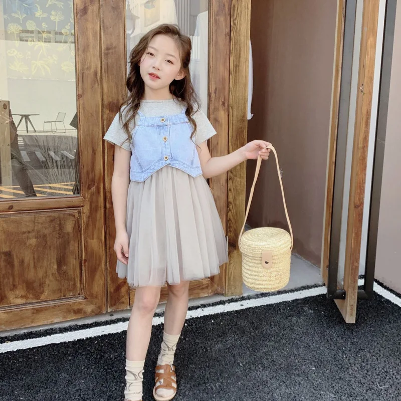 

Summer Children Dress 2019 New Kids Vest and Mesh Dress Toddler Jeans Tops Baby Princess Dress Toddler Two Pieces Set,#5246