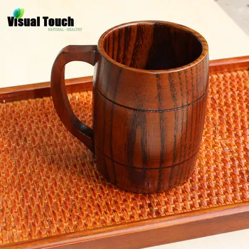 

Visual Touch Handmade Solid Wood Beer Mug W/Handle Brown Water Stein Wooden Cups 350ml Creative Bar Decor