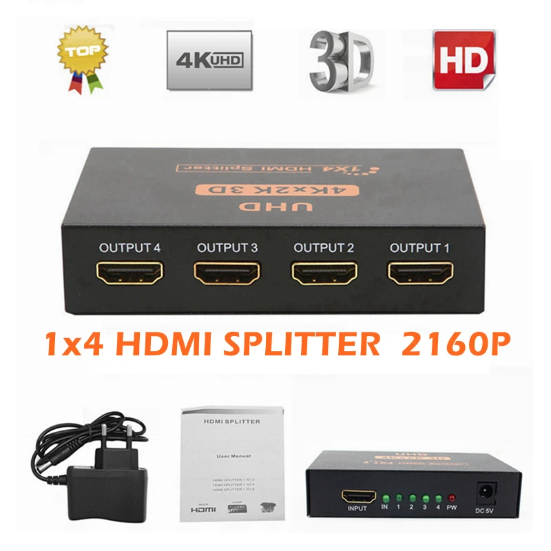 

1x4 Port Ultra HD 4K*2K HDMI Splitter 3D UHD 2160P Video HDMI Switch Switcher HUB Repeater Amplifier for TV STB DVD D-VHS HDTV