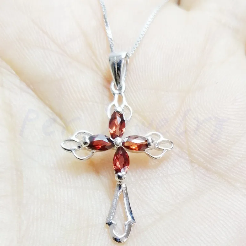 

Cross necklace pendant Natural real garnet Free shipping 925 sterling silver 0.2ct*4pcs gemstone For men or women #C943009