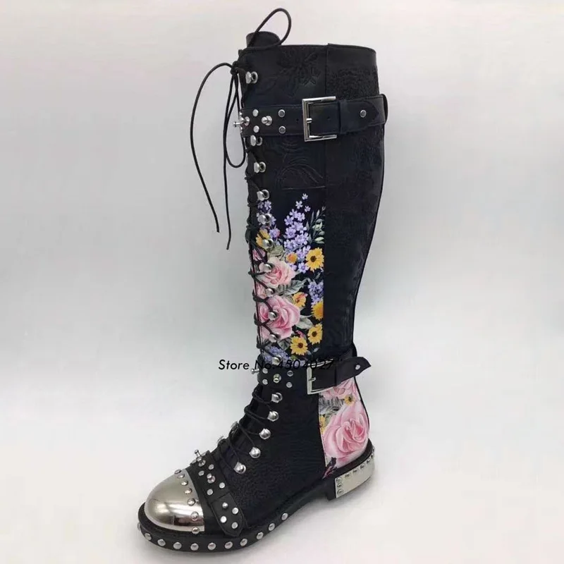 Rosa Flor Redonda Punta Metal Remache Negro Lace color Mujer Up Blanco Rodilla color Botas Color Martin 1 2 3 Alta Largas 4xdv1dAq