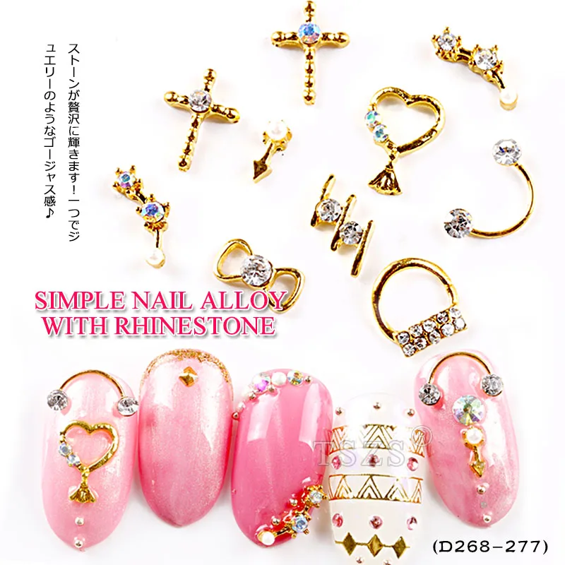 

10pcs/lot Nail Rhinestone Alloy 3D Golden Cross Heart Bowknot Shaped Nail Art Tips Slice Deco
