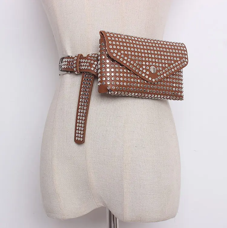 Модная женская поясная сумка с заклепками, роскошная дизайнерская поясная сумка, Маленькая женская поясная сумка, чехол для телефона в стиле панк, поясная сумка, кошелек - Цвет: Коричневый