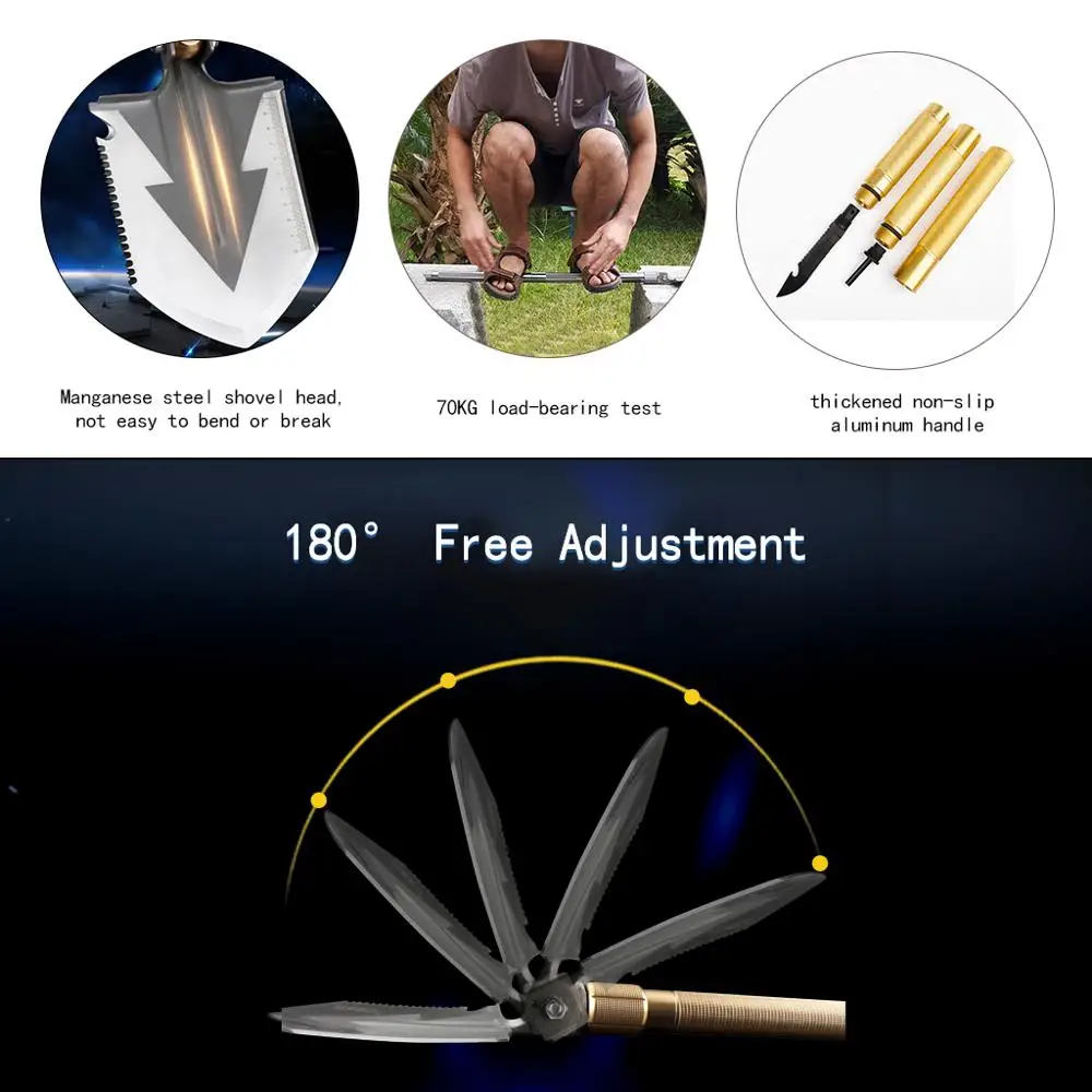 Golden Multifunction Folding Military Shovel Manganese Steel Spade Outdoor Tool For Camping Climbing Adventure Emergency With Free Carrying Bag-37inch (5)
