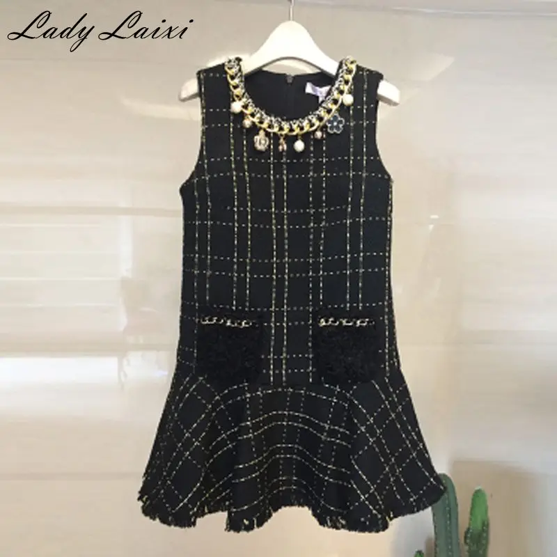 

Brand Runway desigher High quality luxury brand woolen dress women diamonds pearls tweed Autumn Winter sleeveless dresses