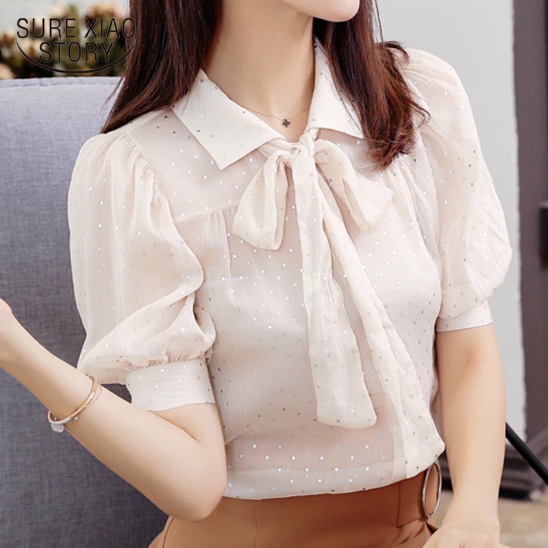 

new summer sweet style 2018 fashion women tops short sleeved blouses bow elegant OL blouse shirt puff sleeve shirts 0511 40