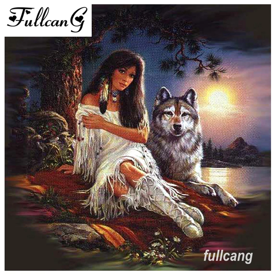 

FULLCANG diy diamond painting native america indian woman and wolf mosaic cross stitch 5d diamond embroidery painting G118