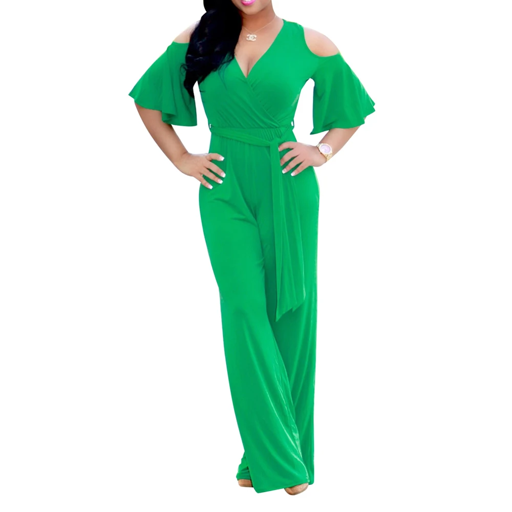 Buy Solid Green Long Wide Leg Pants Jumpsuits Women
