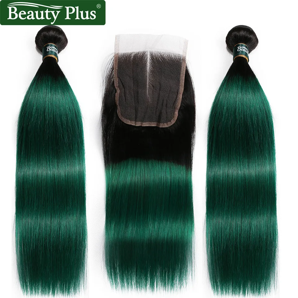 Ombre Bundles With Closure Peruvian Straight Human Hair Weave Beauty Plus Nonremy Blue Green Pink Blonde 2 Bundles With Closure