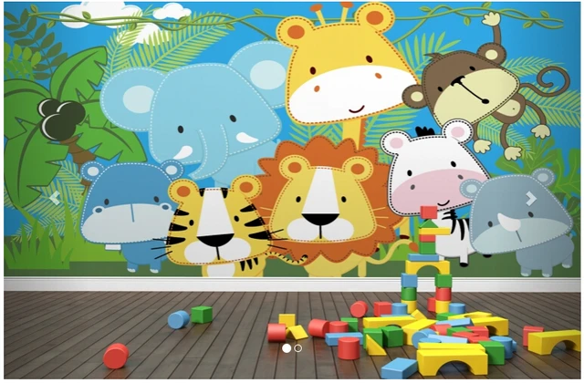 Papel de pared infantil, Mural DE animales de la selva cosido a la