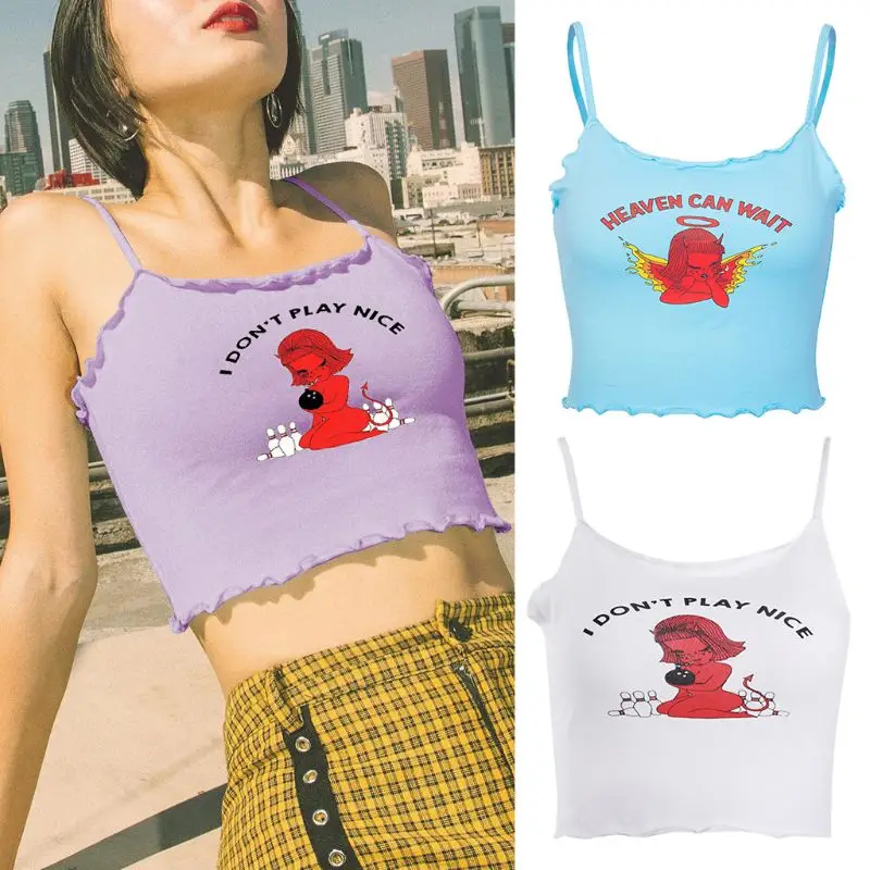 

Womens Sexy Spaghetti Straps Ruffles Trim Tube Crop Top Cute Little Devil Letters Print Harajuku Camisole Slim Funny Streetwear